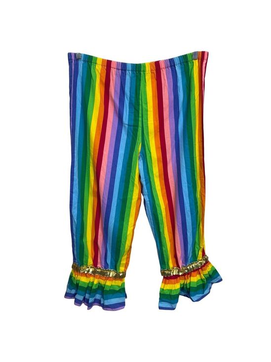 Handmade Pants - Vintage Handmade Rainbow Striped Ruffle Hem Pants Gold Clowncore Festival XL